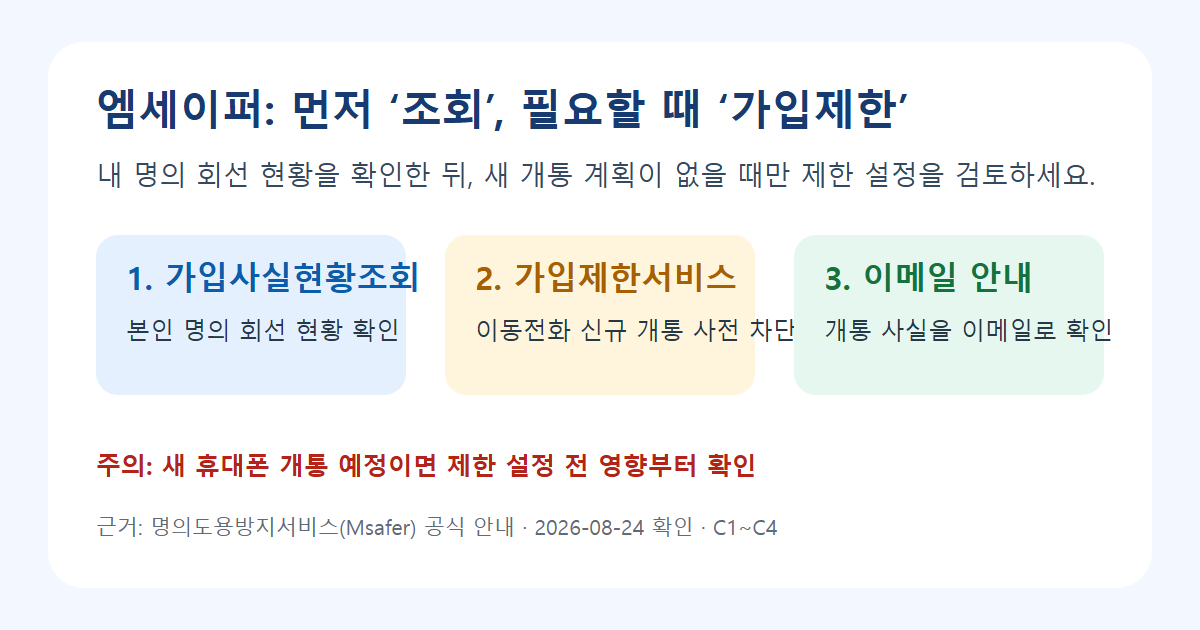 엠세이퍼 조회·가입제한·이메일 안내를 구분한 인포그래픽