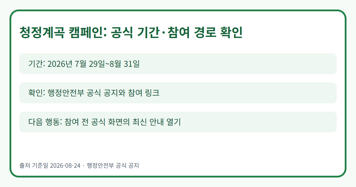 청정계곡 캠페인의 기간·공식 참여 경로 확인 인포그래픽