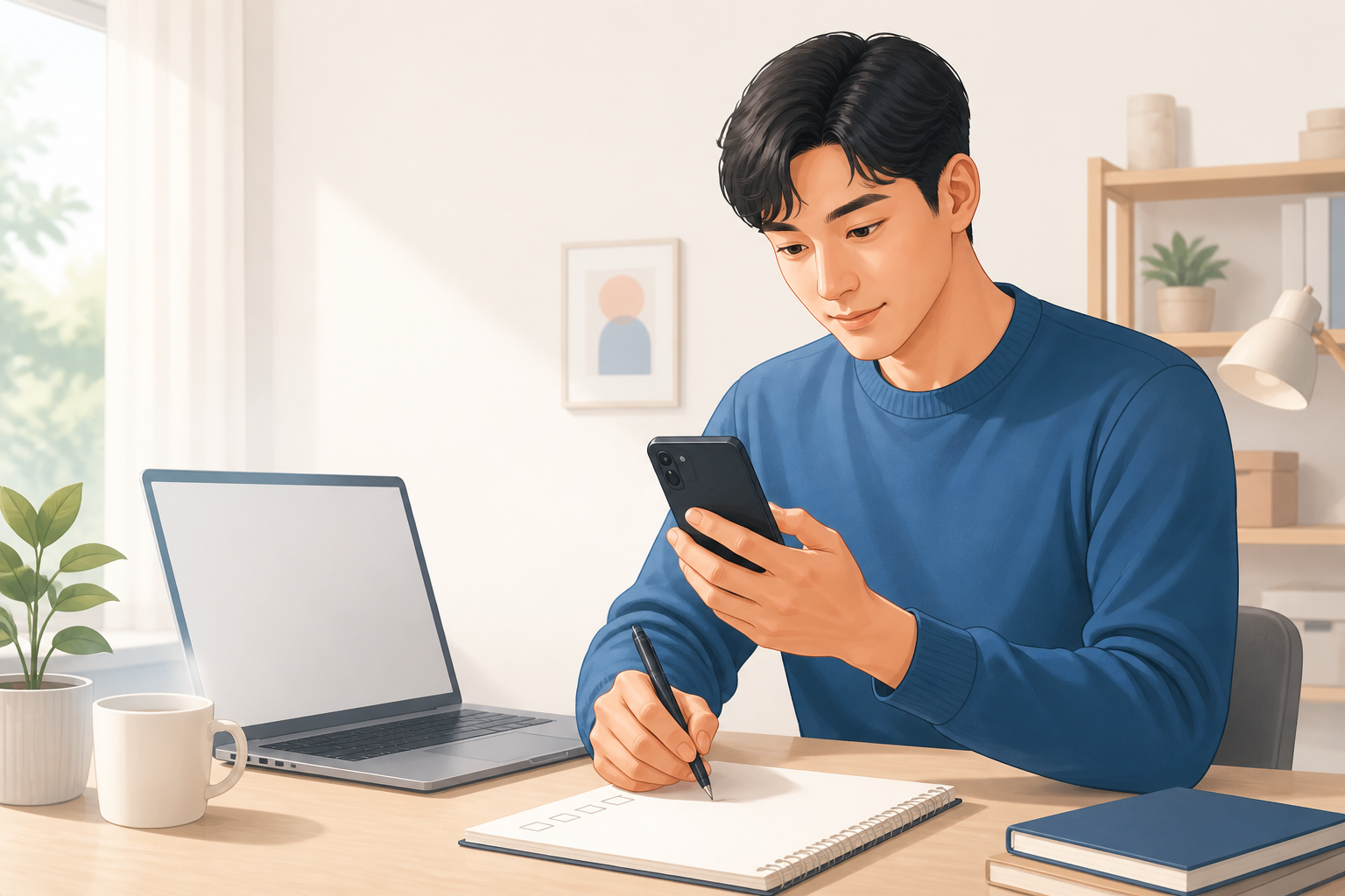 스마트폰과 노트북으로 공공 앱 사용 경험을 점검하는 사람의 창작 일러스트
