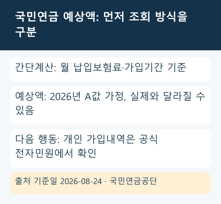 국민연금 예상액 확인에서 간단계산·개인조회·수급조건을 구분하는 인포그래픽