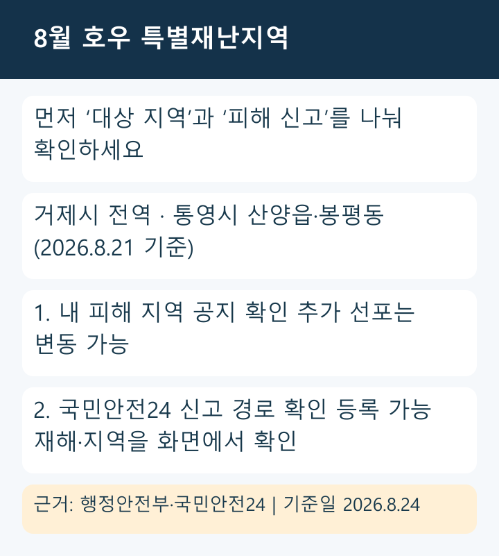 8월 호우 특별재난지역 대상과 피해 신고 확인 카드