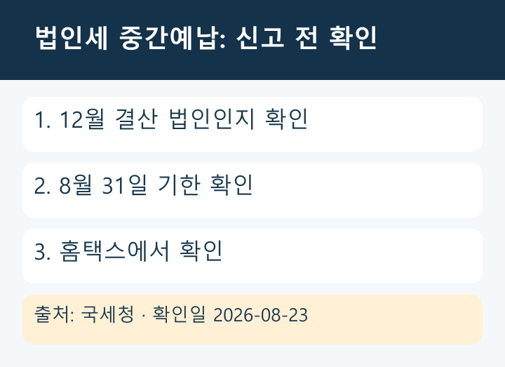 법인세 중간예납의 핵심 답: 12월말 결산 법인인지, 8월 31일 기한인지, 홈택스 확인이 필요한지 정리한 원본 안내 카드
