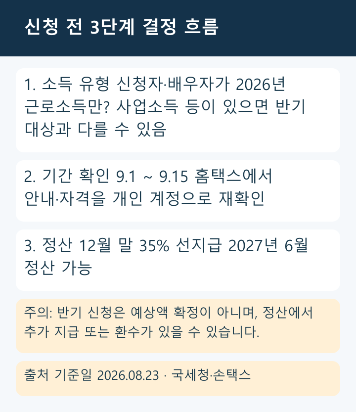 근로소득만 여부 확인, 9월 1일부터 15일까지 신청, 12월 말 35퍼센트 선지급과 2027년 6월 정산을 차례로 보여 주는 원본 결정 흐름도