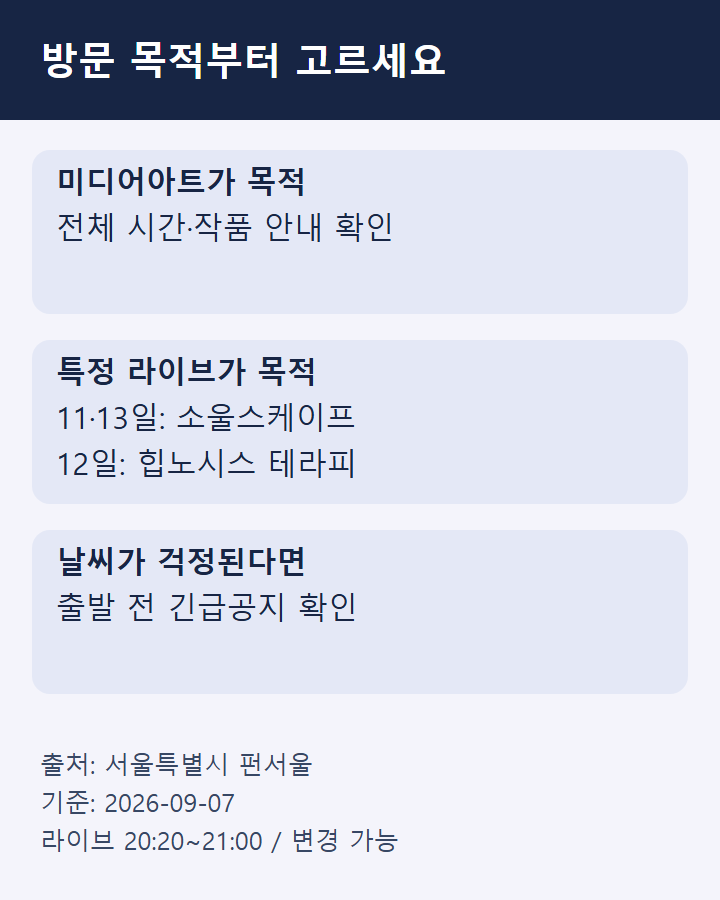미디어아트는 전체 시간, 라이브는 11·13일 소울스케이프와 12일 힙노시스 테라피, 날씨는 긴급공지 확인