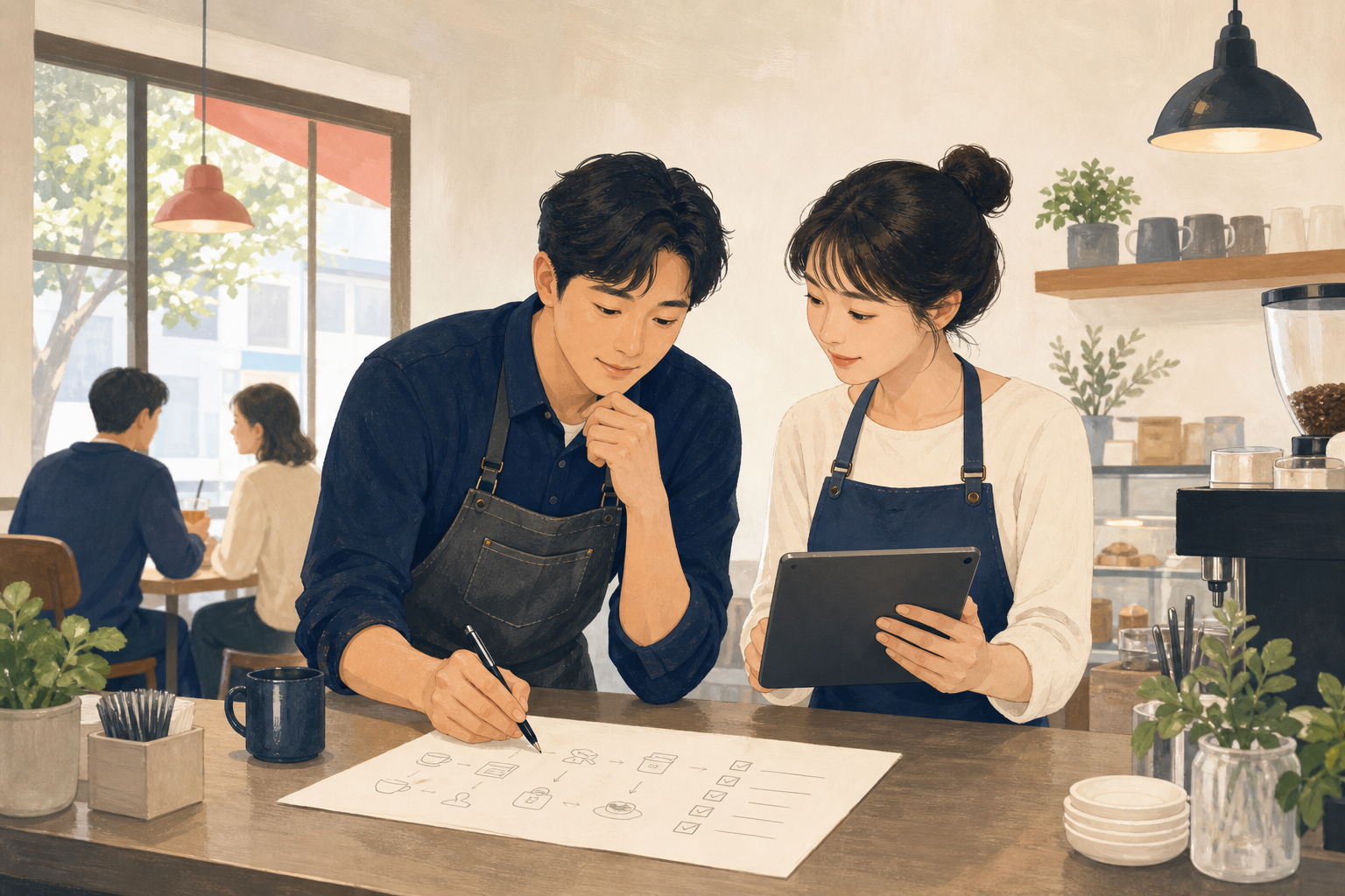 창작 일러스트: 기술 선택 전 카페 운영 흐름을 정리하는 소상공인