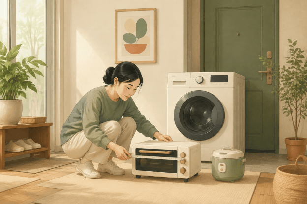 수거 예약 전 작은 가전의 크기를 확인하는 사람