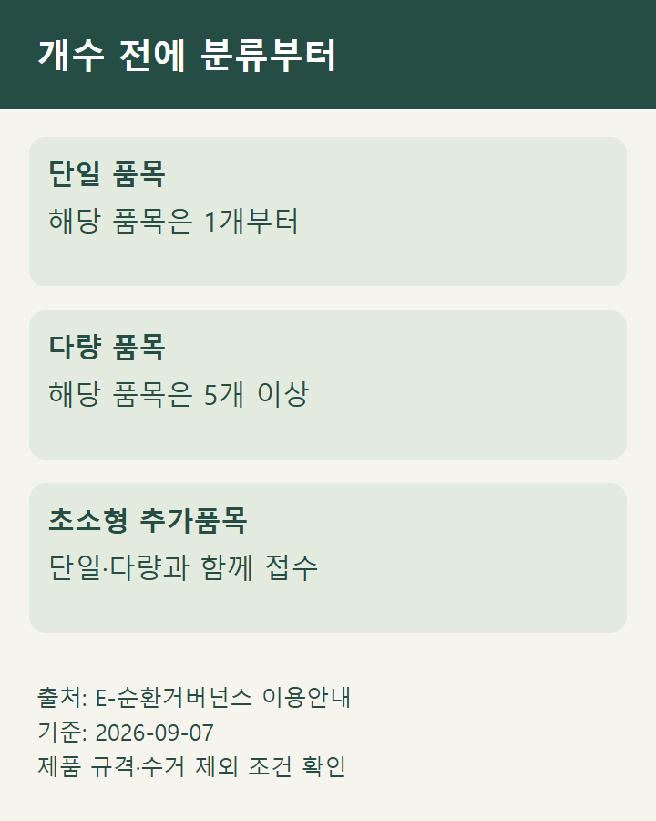 개수 전에 분류부터 / 단일 품목 / 해당 품목은 1개부터 / 다량 품목 / 해당 품목은 5개 이상 / 초소형 추가품목 / 단일·다량과 함께 접수
